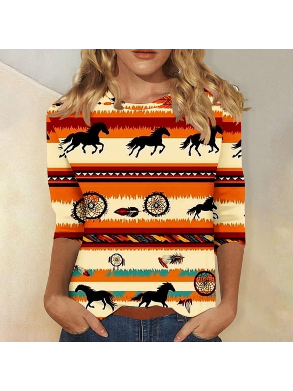 Plus Size 3/4 Sleeve Tops for Women Summer Western Aztec Print Shirts Dressy Casual Loose Fit Blouses 2025