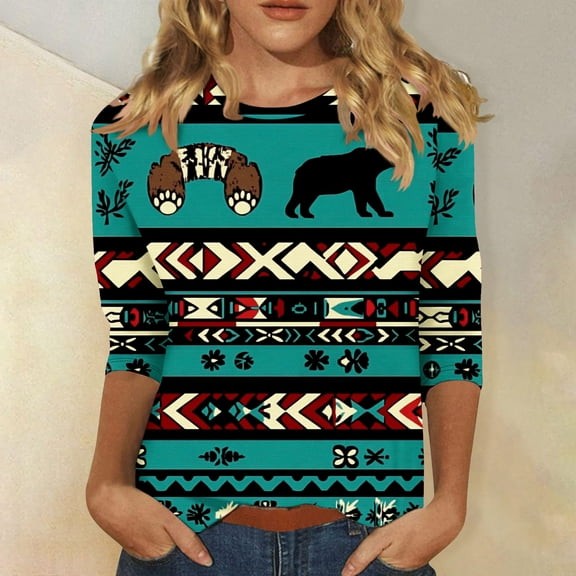 BVOFAR Plus Size 3/4 Sleeve Tops for Women Summer Western Aztec Print Shirts Dressy Casual Loose Fit Blouses