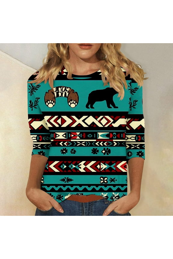 Plus Size 3/4 Sleeve Tops for Women Summer Western Aztec Print Shirts Dressy Casual Loose Fit Blouses