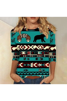 Plus Size 3/4 Sleeve Tops for Women Summer Western Aztec Print Shirts Dressy Casual Loose Fit Blouses