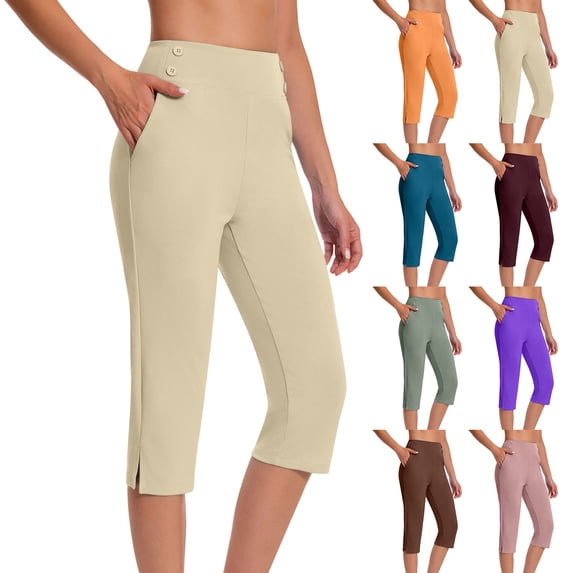 BVOFAR Plus Size Capri Pants for Women Dressy Casual Straight Leg Capris Stretch High Waisted Yoga Crop Pant Solid Color Office Work Trousers with Pockets Brown XXL