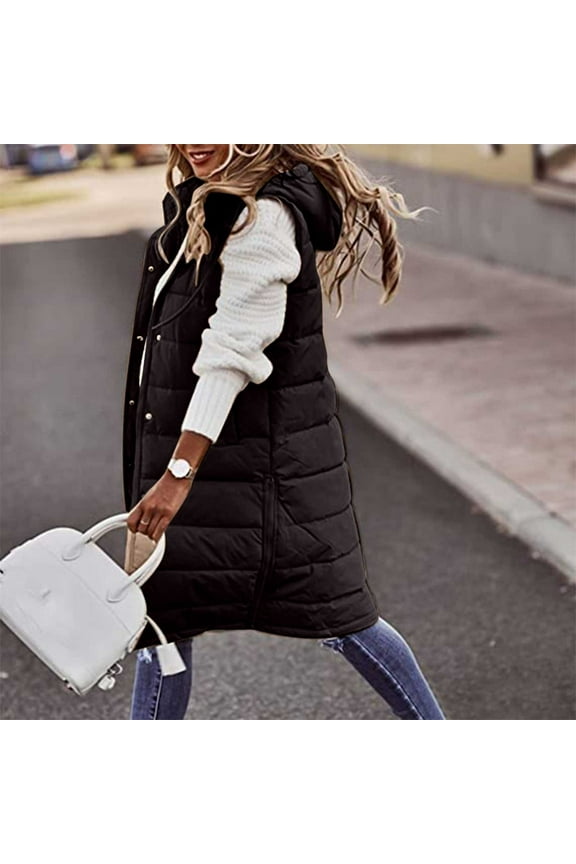 Puffer Long Jackets for Women Thermal Sleeveless Hooded Vest Coats Full Zip Drawstring Tank Tops Trendy Winter Warm Outwear