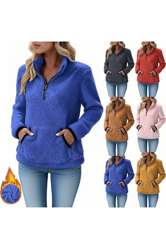 Quarter Zip Pullover Women Sherpa Fleece Long Sleeve Sweatshirts Warm Fuzzy Sweaters with Pockets Fall Winter Clothes