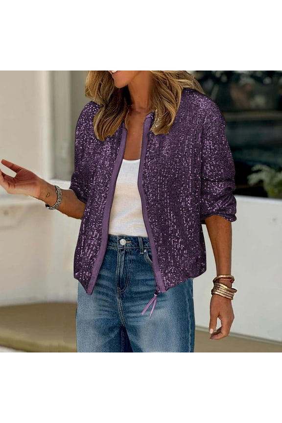 Sequin Cropped Jackets for Women Full Zip Long Sleeev Jacket Glitter Lightweight Party Coats Casual Holiday Outwear