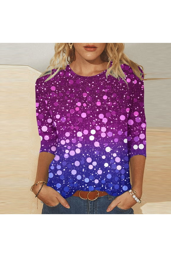 Sequin Shirts for Women Glitter Sparkly Print Tops Party Club Dressy Blouses 3/4 Sleeve Crew Neck Loose Fit T-Shirts