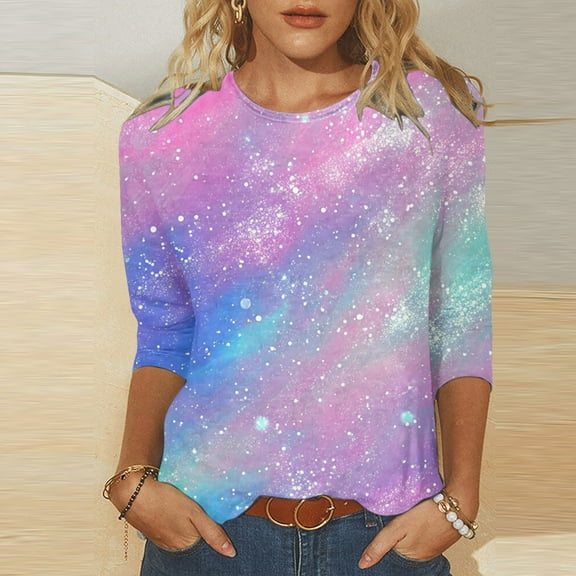 BVOFAR Sparkly Print 3/4 Sleeve Shirts for Women Fashion Crewneck Glitter Blouses Plus Size Casual Loose Fit Tops 2025