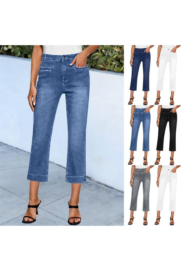 Straight Leg Capri Jeans for Women Stretchy Bootcut Pull On Jean Lightweight Amanda Denim Pants with Pockets Classic Fit Denim for Ladies Gray S