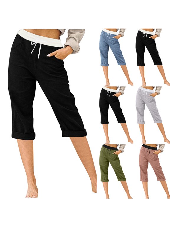 Summer Beach Capri Pants for Women Stretchy Drawstring Straight Leg Crop Trousers Loose Fit Pull On Cuffed Capris Green S