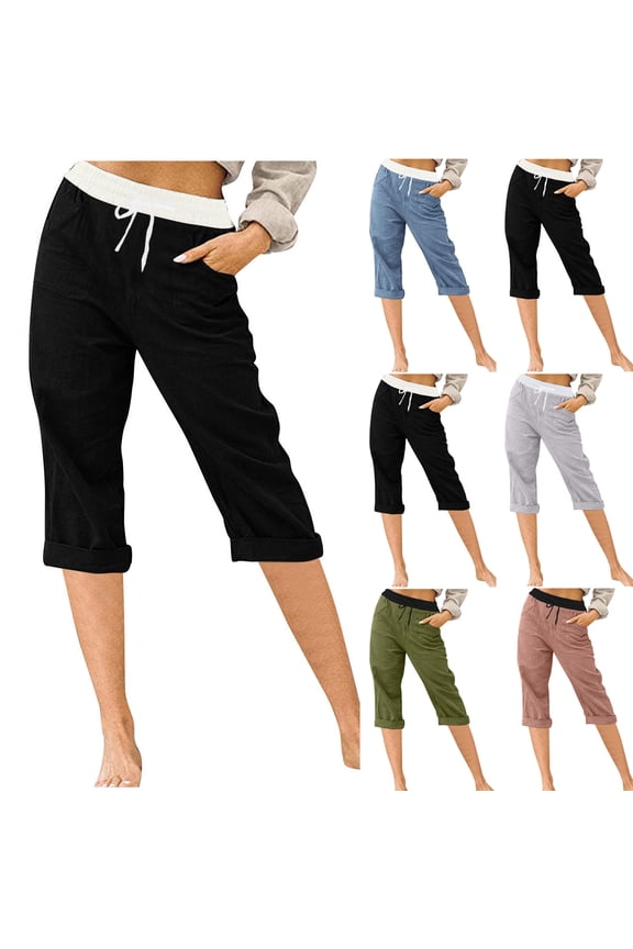 Summer Beach Capri Pants for Women Stretchy Drawstring Straight Leg Crop Trousers Loose Fit Pull On Cuffed Capris Pink XXL