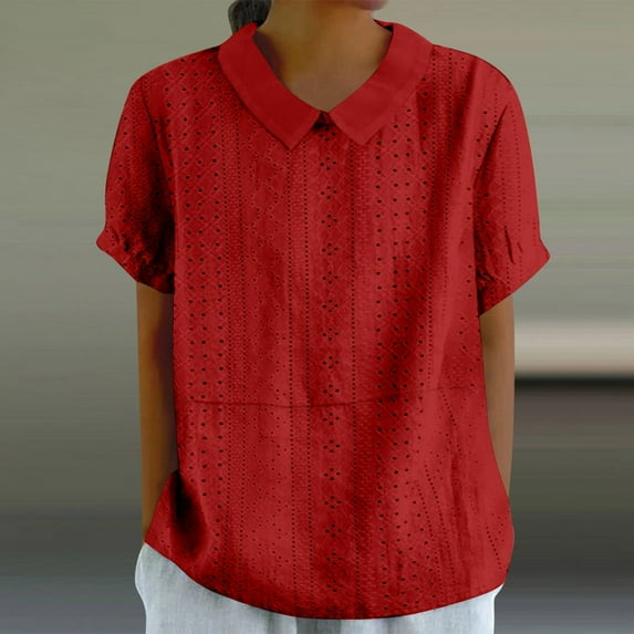 BVOFAR Summer Eyelet Embroidery Tops for Women Casual Lapel Collar Short Sleeve Shirts Solid Color Loose Comfy Blouses