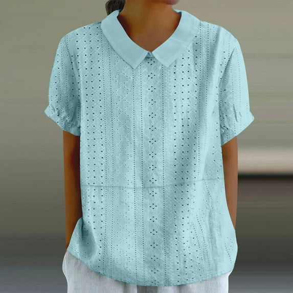 BVOFAR Summer Eyelet Embroidery Tops for Women Casual Lapel Collar Short Sleeve Shirts Solid Color Loose Comfy Blouses