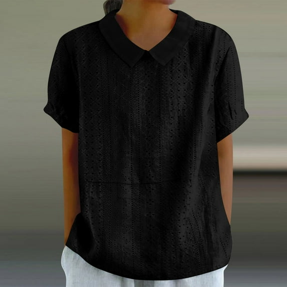 BVOFAR Summer Eyelet Embroidery Tops for Women Casual Lapel Collar Short Sleeve Shirts Solid Color Loose Comfy Blouses