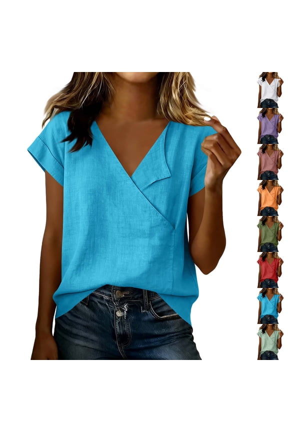 Summer Linen Tunic Blouses for Women Loose Fit Cap Sleeve Wrap Tops Surplice Neck Casual Shirts Army Green XL