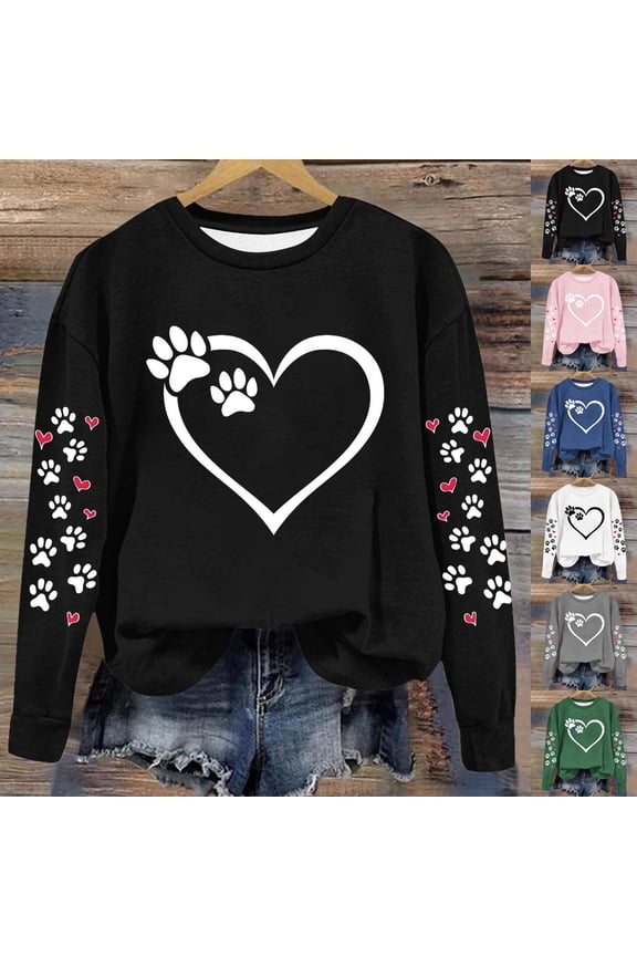 Sweatshirts for Women Cute Heart Dog Paw Print Pullover Fall Crewneck Long Sleeve Tops Trendy Casual Sweatshirt