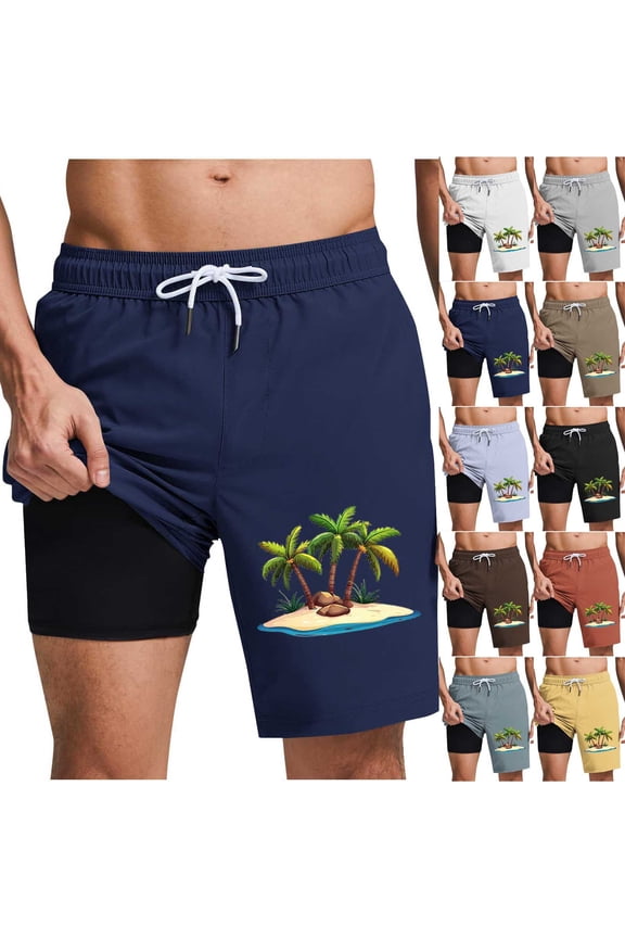 Swim Trunks for Men with Compression Liner Quick Dry Performance Shorts Palm Graphic Print Bathing Suits Summer Beach Pool Swimsuits Yellow L