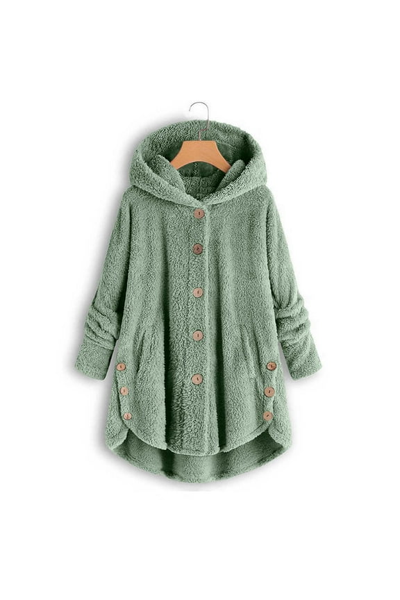 Thick Winter Coats for Women Casual Cute Sherpa Coat Fuzzy Fleece Warm Jackets Button Down Long Sleeve Hooded Jacket Plus Size Loose Home Coats with Pockets
