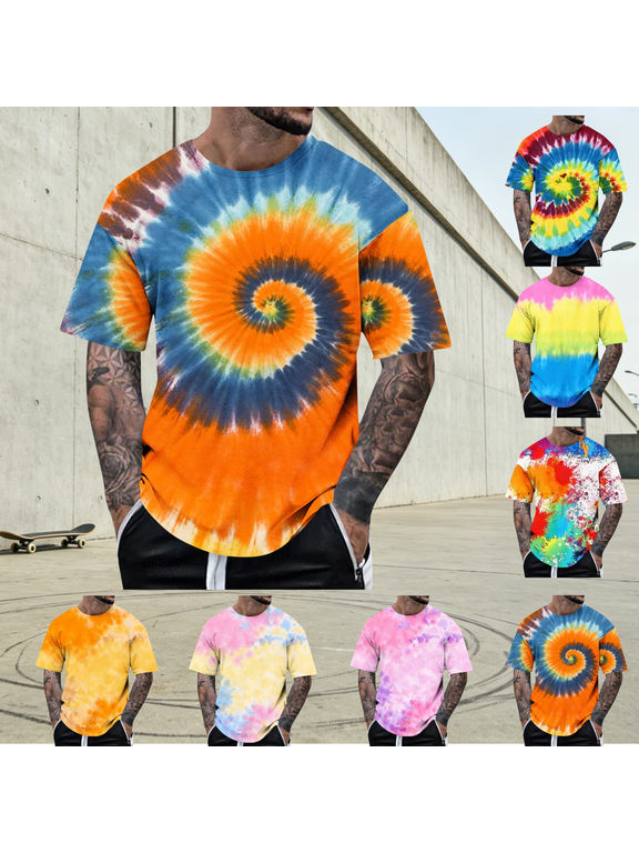 Tie Dye Shirts for Men Big and Tall Short Sleeve T-Shirts Casual Loose Crew Neck Boxy T Shirt Hippie Funky Summer Tops Sky Blue XXL