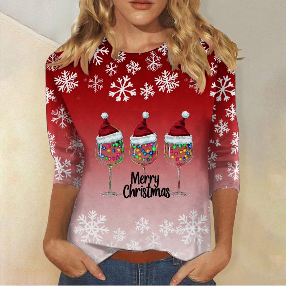 BVOFAR Ugly Christams Sweatshirts for Women 3/4 Sleeve Casual Plus Size Shirts Funny Graphic Crewneck Pullover Loose Fit Xmas Holiday Tunic Blouse