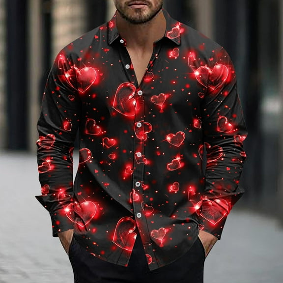 BVOFAR Valentines Day Shirts for Men Funny Romantic Love Print Blouses Button Down Long Sleeve Shirt