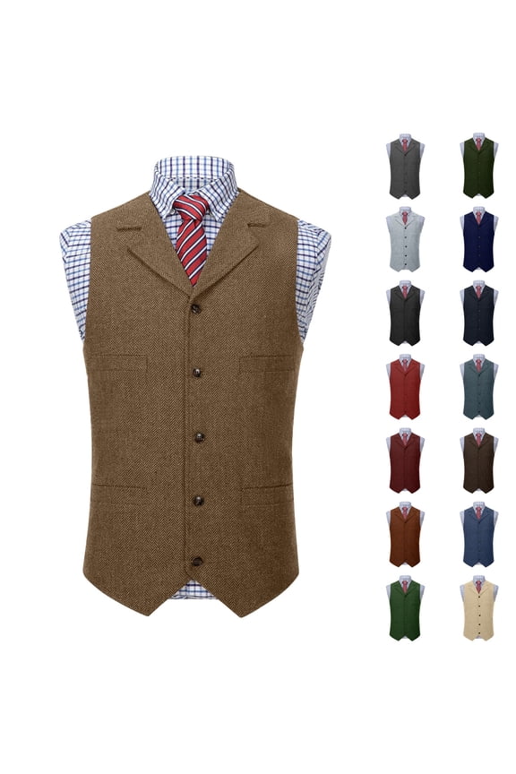 Vintage Herringbone Tweed Vest for Men Formal V-Neck Wool Blend Waistcoats Prom Wedding Groomsman Suit Vests Navy XL
