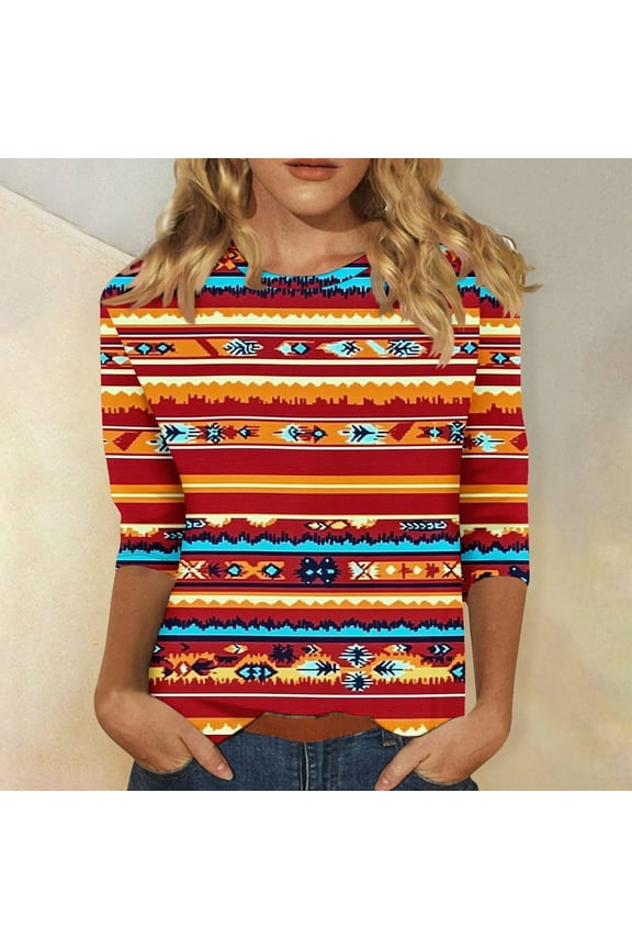 Western Aztec Shirts for Women Ethnic Print 3/4 Sleeve Tunic Tops 2025 Spring Crewneck Blouses Holiday Going out Tees