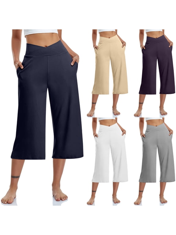 Wide Leg Capri Yoga Pants for Women with Pockets Crossover High Waist Cropped Pant Loose Soft Lounge Capris Pajamas Khaki XXL