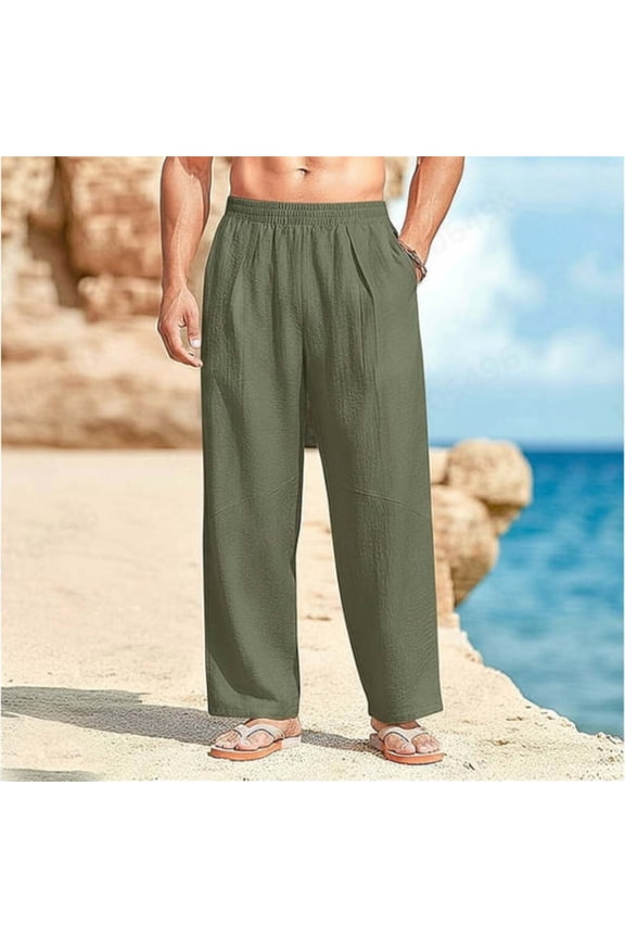 Wide Leg Pants for Men Casual Summer Elastic Waist Trousers Lightweight Palazzo Pant with Pockets Beach Vacation Trouser Army Green XXXL