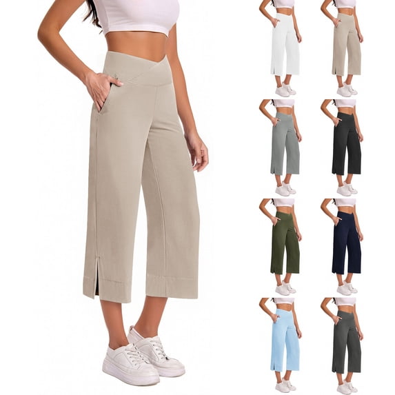 BVOFAR Wide Leg Yoga Pants for Women Tummy Control Crossover Capris Buttery Soft High Waisted Workout Capri Pants with Pockets Army Green L