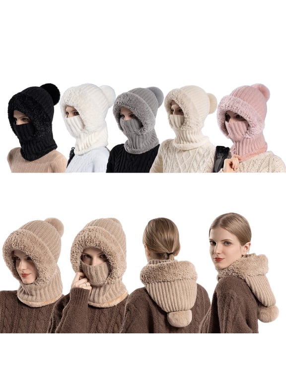 Winter Hats for Women with Scarf and Mask Warm Fleece Lined Knit Beanie Outdoor Thermal Hat for Snow Skiing 3 in 1 Beanie for Women