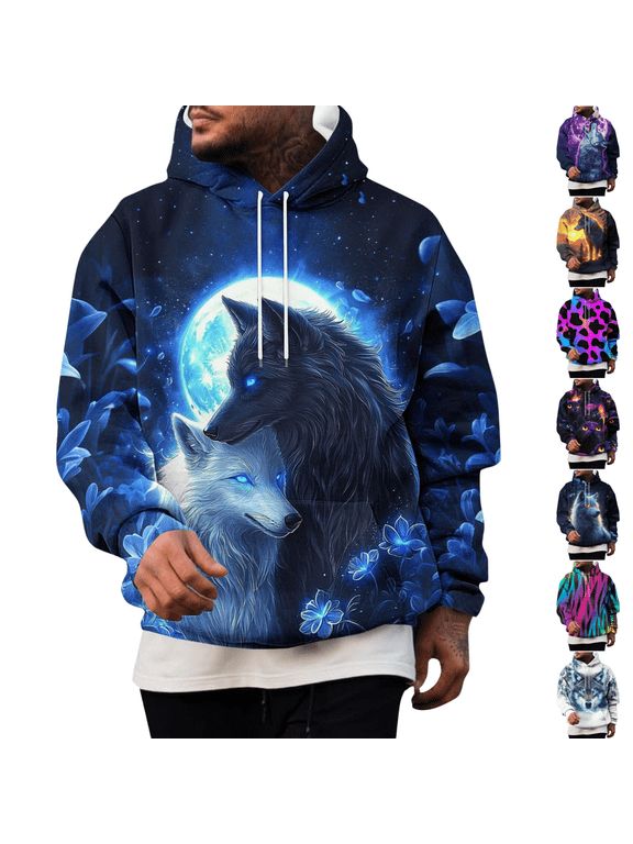 Wolf Hoodies for Men Big and Tall Fleece Lined Long Sleeve Pullover Funny Novelty Graphic Hoodie Oversized Hooded Sweatshirt Light Blue L