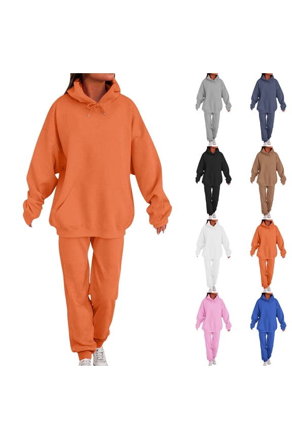 Women 2 Piece Outfit Oversized Long Sleeve Hoodies & Casual Wide Leg Baggy Sweatpants Solid Color Lounge Sweatsuit Matching Sweat Sets