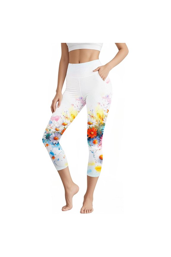 Women Yoga Capri Pants with Pockets High Waist Printed Compression Workout Leggings Tummy Control Activewear for Fitness Running Training Gym Multicolor S
