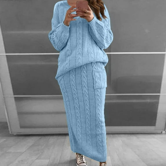 BVOFAR Women's 2 Piece Outfits Long Sleeve Cable Knitted Sweaters Casual Long Skirts Solid Color Round Neck Sweater Fall Winter Sets with Pockets