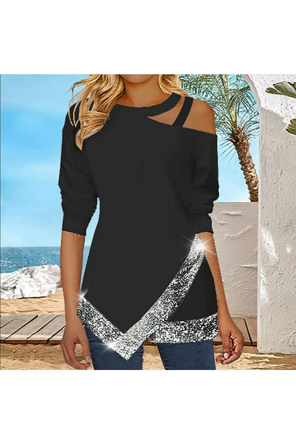 Women's 3/4 Sleeve Shirts Cold Shoulder Tunic Tops Sparkly Asymmetrical Hem Blouses Trendy Casual Loose Tops