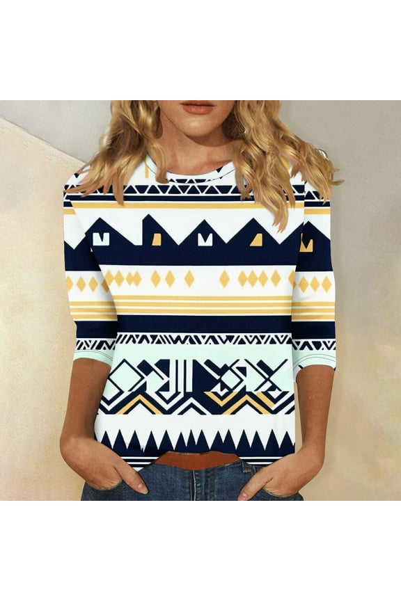 Women's Aztec Graphic 3/4 Sleeve Shirts Plus Size Round Neck Blouses Dressy Casual Loose Fit Tops 2025