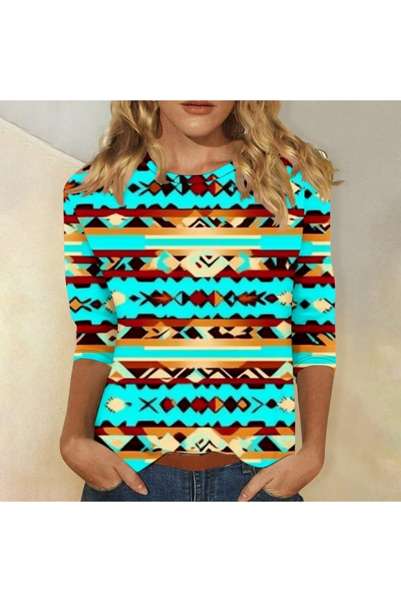Women's Aztec Graphic 3/4 Sleeve Shirts Western Ethnic Round Neck Tops Dressy Casual Loose Fit Blouses 2025