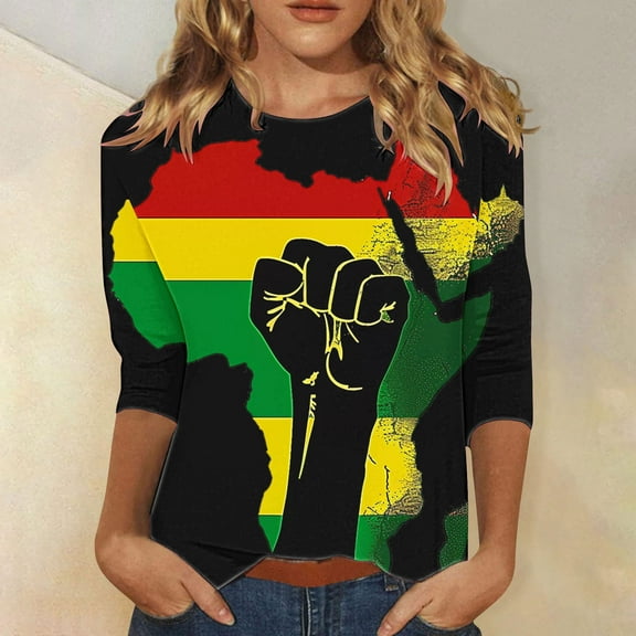 BVOFAR Women's Black History Graphic Print Shirts African American 3/4 Sleeve Crewneck Blouses Black History Month Tops
