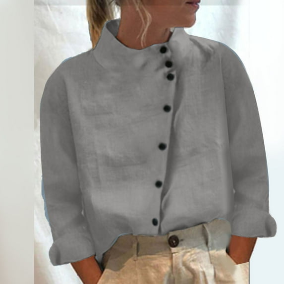 BVOFAR Women's Button Down Shirts Casual Solid Color Cotton Linen Tops Trendy Stand Collar Long Sleeve T-Shirts S-2XL