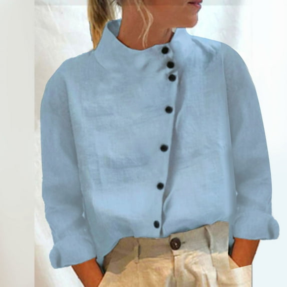 BVOFAR Women's Button Down Shirts Casual Solid Color Cotton Linen Tops Trendy Stand Collar Long Sleeve T-Shirts S-2XL