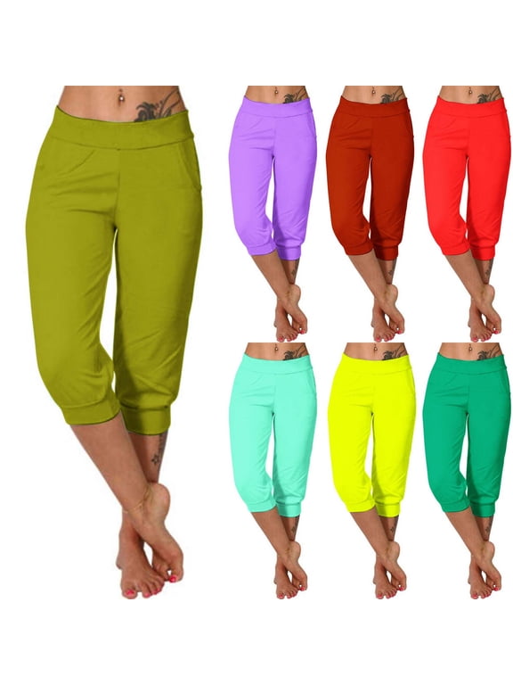 Women's Capri Joggers High Waisted Stretchy Cuffed Crop Pants with Pockets Casual Summer Lounge Pant Loose Drawstring Capris for Running WorkoutYellowL
