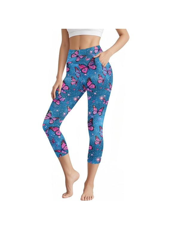 Women's Capri Leggings Stretch High Waisted Compression Cropped Yoga Pants for Gym Sports Butterfly Printed Tummy Control Workout Legging with Pockets Multicolor S