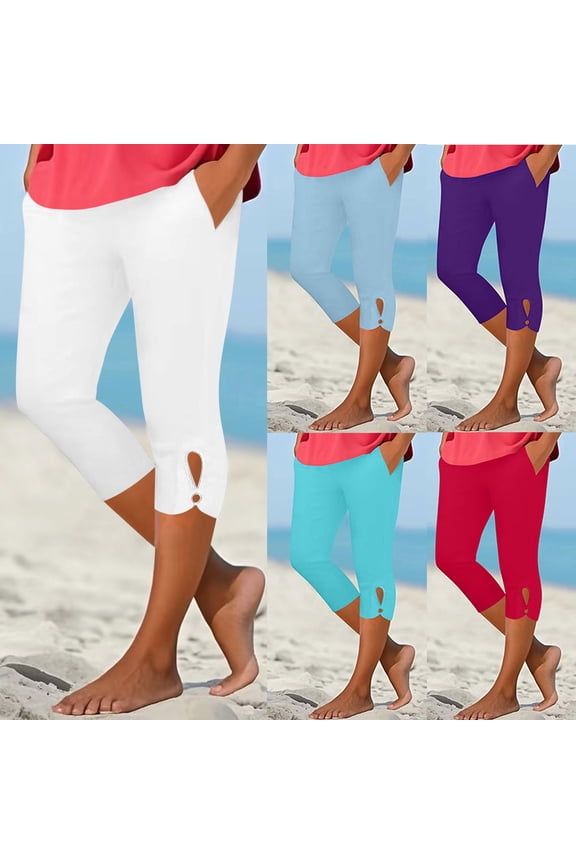 Women's Capri Pants Casual Summer Smocked Waist Crop Trousers with Pockets Pleated Wide Leg Capris Loose Fit Solid Cropped Pant Purple S