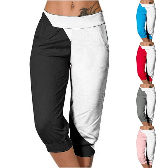 BVOFAR Women's Capri Pants with Pockets Color Block Elastic Waist Joggers Loose Fit Straight Leg Workout Capris Gym Workout Running Crop Trousers Blue L