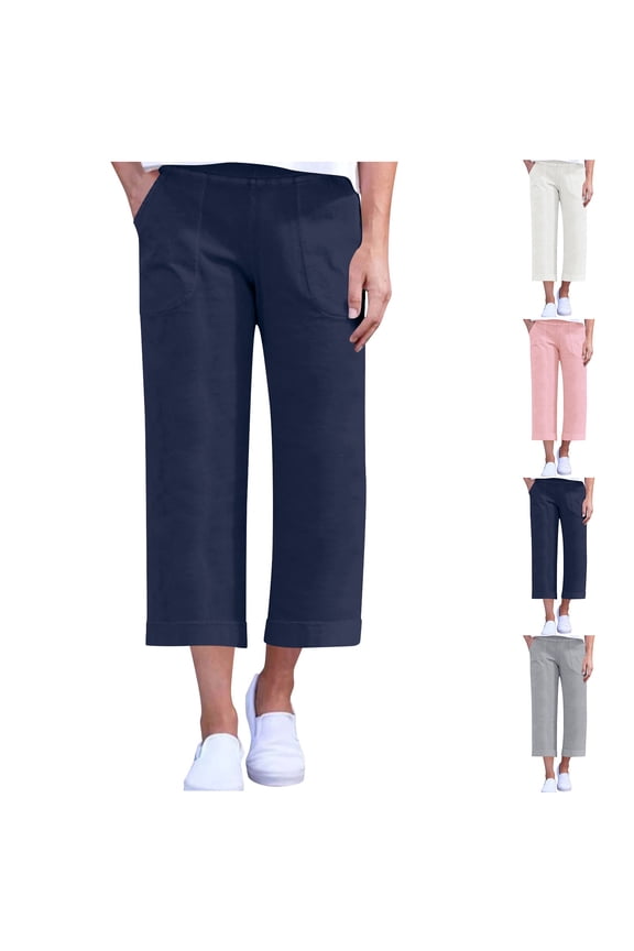 Women's Capri Pants Summer High Waist Wide Leg Cropped Pant Casual Solid Color Pull On Pedal Pushers Lightweight Summer Capris with Pockets Navy XL