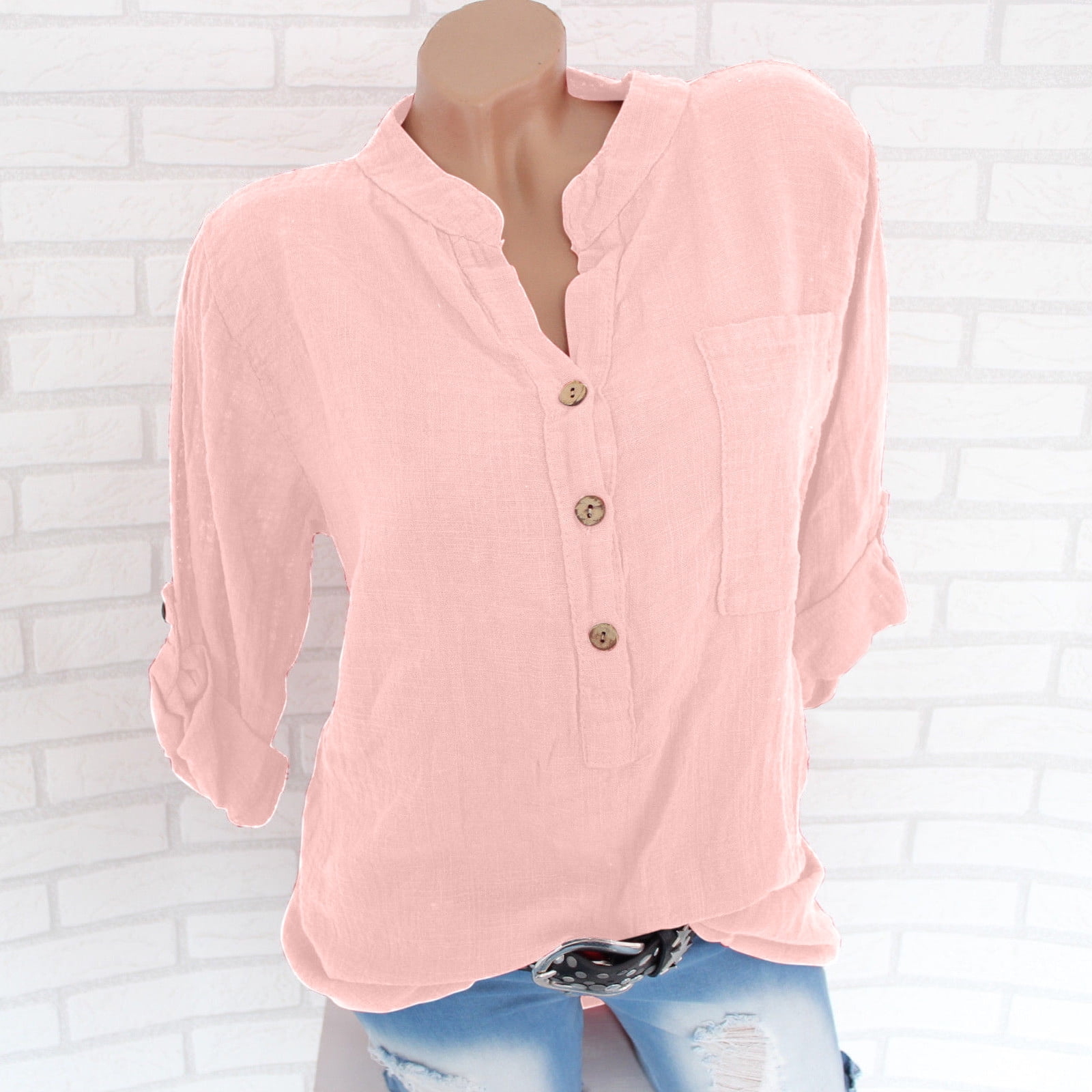 Women's Oversized Cotton Linen T-Shirt - V Neck Half Sleeve Tunic Blouse, Spring Summer Top