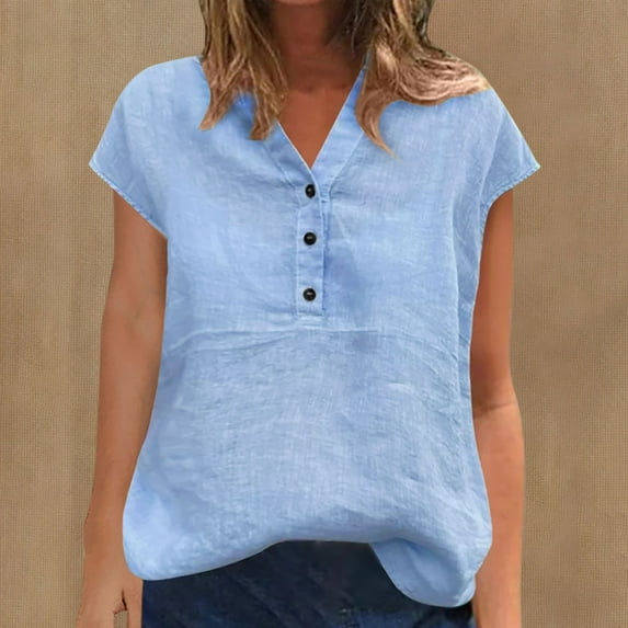 BVOFAR Women's Cotton Linen Blouses Short Sleeve Button Down Shirts V Neck Casual Loose Fit Tunics Summer Solid Color Tops 2025