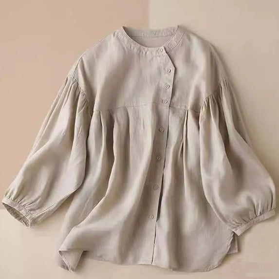 BVOFAR Women's Cotton Linen Button Down Shirts Solid Color Round Neck Lantern Sleeve Tops Casual Loose Fit T-Shirts