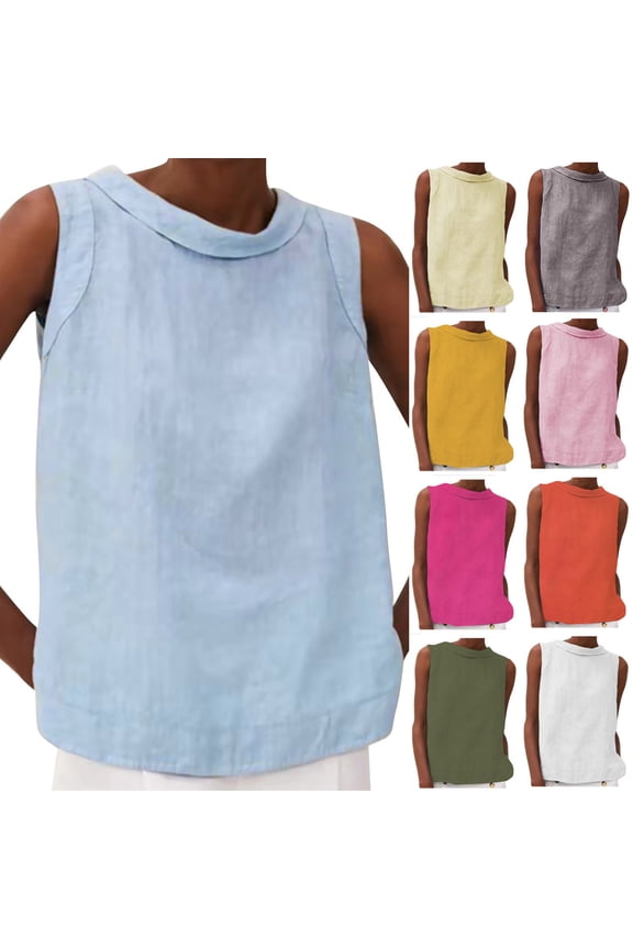 Women's Cotton Linen Sleeveless Crop Tank Tops Casual Solid Color O Neck Shirts Loose Fit Comfy Blouses Summer Beach Workout T-Shirts Army Green S