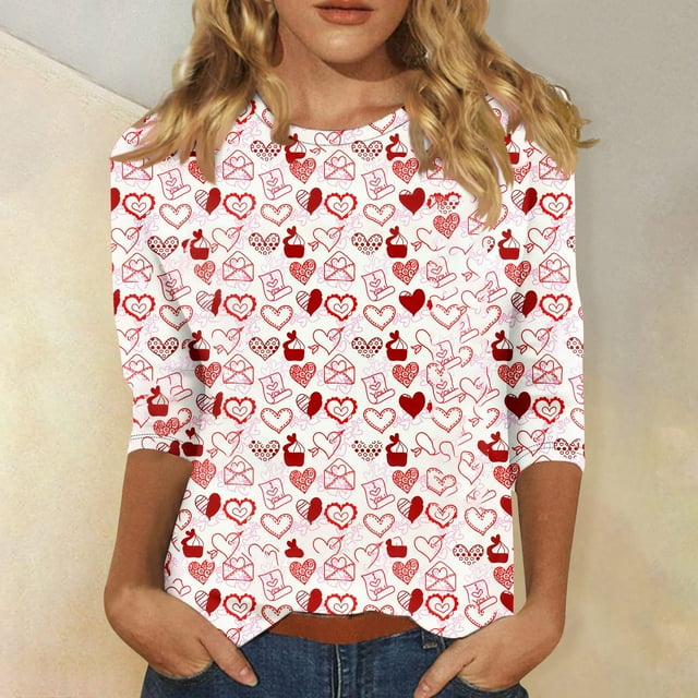 BVOFAR Women's Crewneck 3/4 Sleeve Shirts Valentines Day Cute Heart