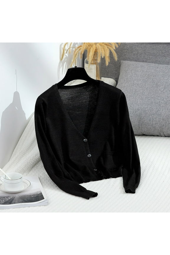 Women's Cropped Cardigan Sweaters Soft V Neck Knitted Cardigans Lightweight Long Sleeve Button Down Coats Fall Travel Outwear